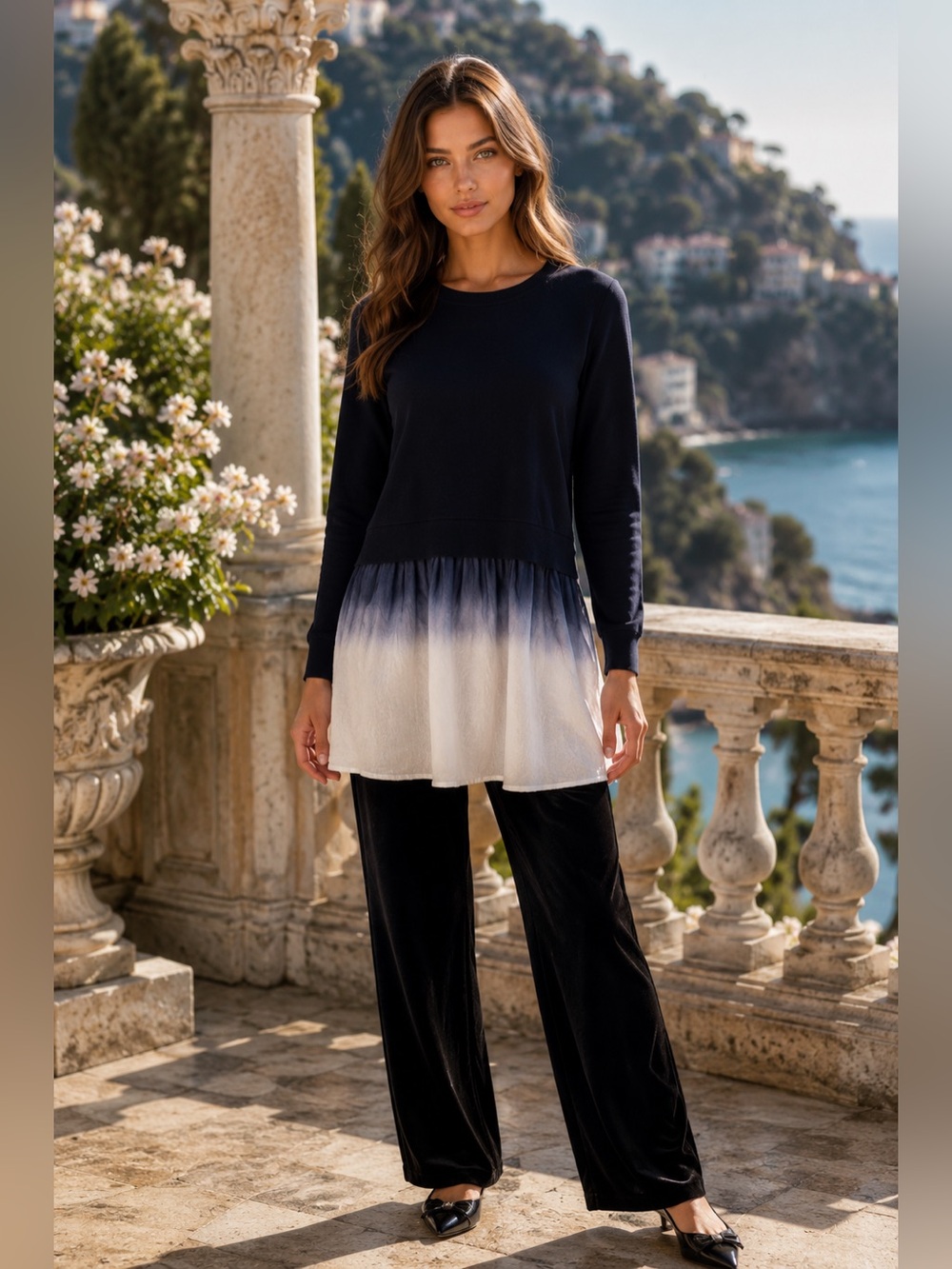 🌟 Clu Women’s Crew Neck  Hem Pullover – Navy Blue, and White🌟